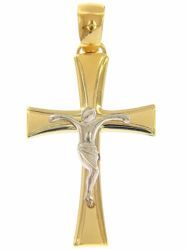 Immagine di Croce svasata con corpo di Cristo Ciondolo Pendente gr 3,6 Bicolore Oro giallo bianco 18kt a Canna vuota Unisex Donna Uomo 