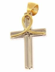 Immagine di Croce dritta concava decorata Ciondolo Pendente gr 1,6 Bicolore Oro giallo bianco 18kt a Canna vuota Unisex Donna Uomo 