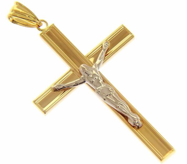 Immagine di Croce dritta concava con corpo di Cristo Ciondolo Pendente gr 1,95 Bicolore Oro giallo bianco 18kt a Canna vuota Unisex Donna Uomo 