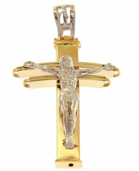 Imagen de Cruz Patriarcal con cuerpo de Jesucristo Colgante gr 3,6 Bicolor Oro blanco amarillo 18kt Tubo hueco Unisex Mujer Hombre 