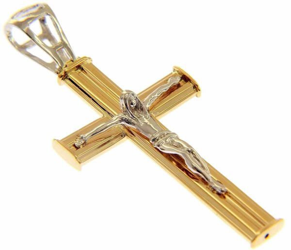 Picture of Convex Straight Cross with Body of Christ Pendant gr 4,9 Bicolour yellow white Gold 18k Hollow Tube Unisex Woman Man 