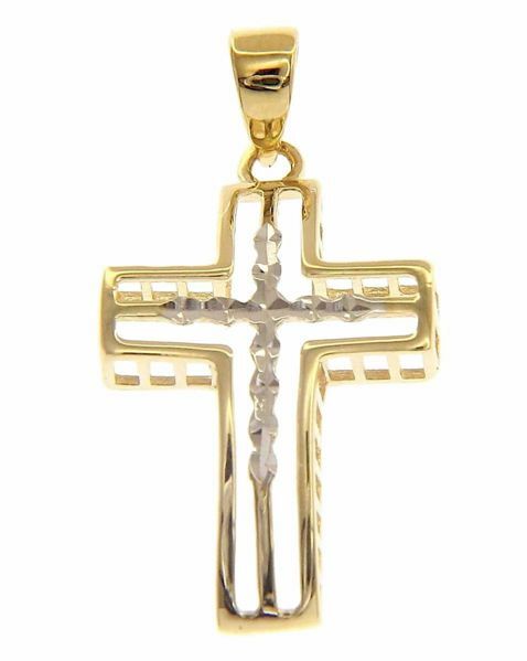 Picture of Modern Design perforated double Cross Pendant gr 1,4 Bicolour yellow white Gold 18k Diamond Hollow Tube Unisex Woman Man 