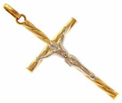 Picture of Twisted Cross with Body of Christ Pendant gr 1,2 Bicolour yellow white Gold 18k Hollow Tube Unisex Woman Man 