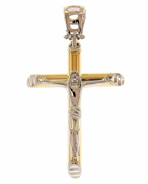 Picture of Cylindrical Cross with body of Christ Pendant gr 3,2 Bicolour yellow white Gold 18k Hollow Tube Unisex Woman Man 