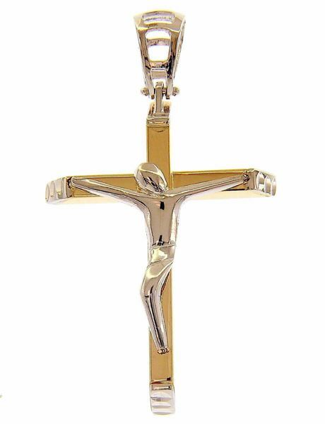 Picture of Straight Cross with Body of Christ Pendant gr 4,3 Bicolour yellow white Gold 18k Hollow Tube Unisex Woman Man 