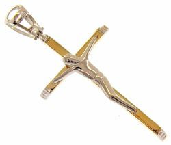 Picture of Straight Cross with Body of Christ Pendant gr 5,9 Bicolour yellow white Gold 18k Hollow Tube Unisex Woman Man 