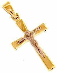 Immagine di Croce svasata con corpo di Cristo Ciondolo Pendente gr 3,2 Bicolore Oro giallo bianco 18kt a Canna vuota Unisex Donna Uomo 