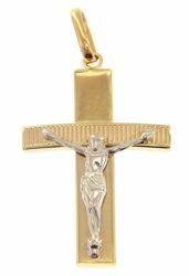 Immagine di Croce dritta con braccio lavorato e Corpo di Cristo Ciondolo Pendente gr 1,05 Bicolore Oro giallo bianco 9kt Unisex Donna Uomo 