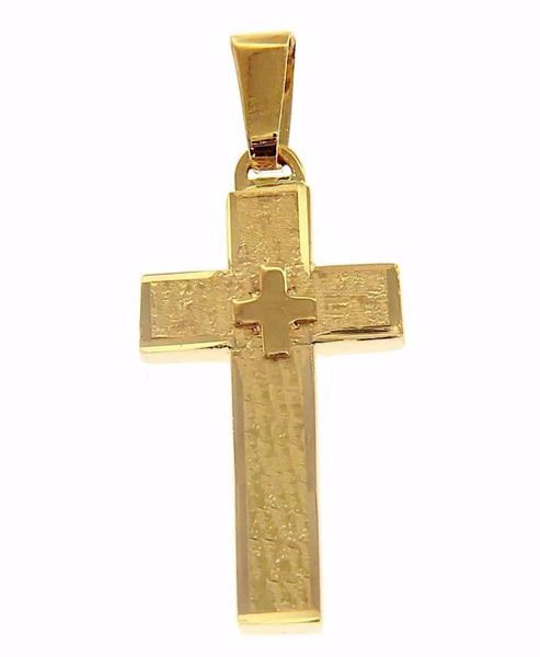 Immagine di Croce doppia effetto legno Ciondolo Pendente gr 2 Oro giallo 18kt a Canna vuota Unisex Donna Uomo 