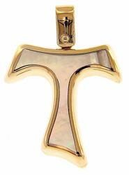 Picture of Withe Saint Francis Tau Cross Pendant gr 1,8 Yellow Gold 18k with white Mother of Pearl Hollow Tube Unisex Woman Man 