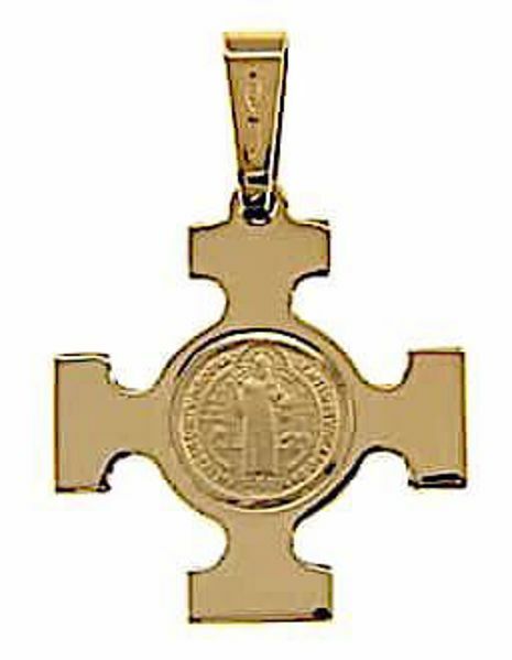 Immagine di Croce quadrata con Medaglia San Benedetto sulla Roccia Ciondolo Pendente gr 3,5 Oro giallo massiccio 18kt Unisex Donna Uomo 