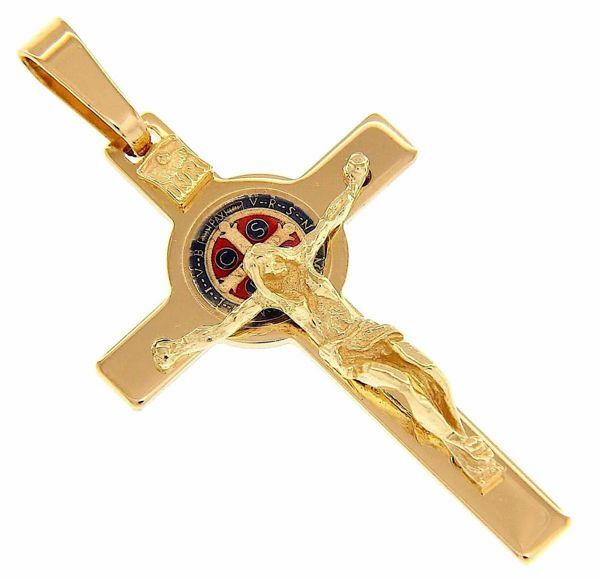 Imagen de Crucifijo INRI con la Cruz de San Benito Colgante gr 5,3 Oro amarillo macizo 18kt con Esmalte Unisex Mujer Hombre 