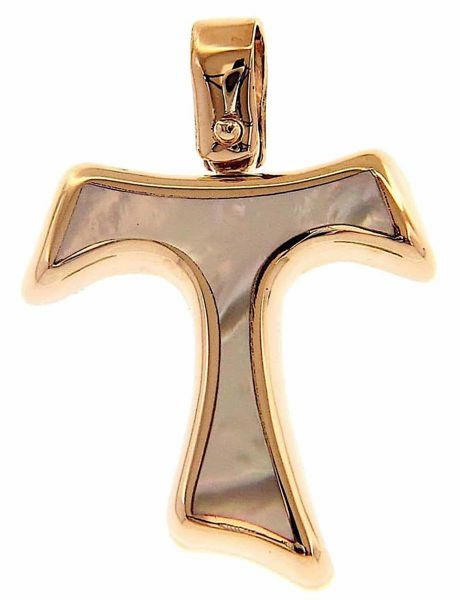 Picture of Saint Francis Tau Cross Pendant gr 1,8 Rose Gold 18k with white Mother of Pearl Hollow Tube Unisex Woman Man 