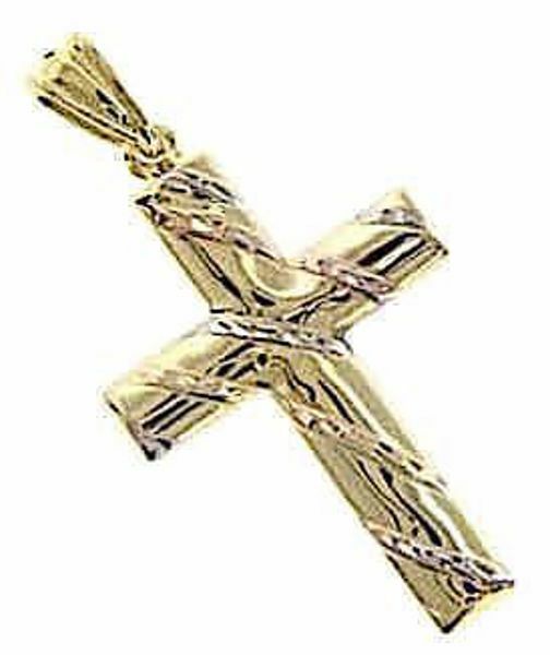 Immagine di Croce con decoro a nastro Ciondolo Pendente gr 1,4 Tricolor Oro giallo bianco e rosa 18kt a Canna vuota Unisex Donna Uomo 