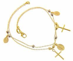 Picture of Rosary Cuff Bracelet 3 Miraculous Virgin Mary Medals and 3 Crosses gr 3,7 Bicolour yellow and white Gold 18k Smooth & Diamond Spheres for Woman 