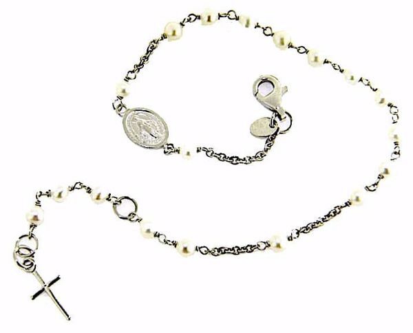 Immagine di Bracciale Rosario con Medaglia Madonna Miracolosa e Croce gr 3,1 Oro bianco 18kt con Perle da Donna 