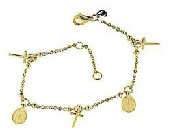 Picture of Rosary Cuff Bracelet with 2 Miraculous Virgin Mary Medals and 3 Crosses gr 4,3 Yellow Gold 18k with Smooth Spheres for Woman 