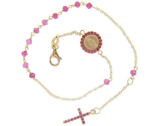 Picture of Rosary Cuff Bracelet with Miraculous Medal of Our Lady of Graces Cross Light Spots and Ruby gr 2,8 Yellow Gold 18k with red Zircons for Woman and Girl 