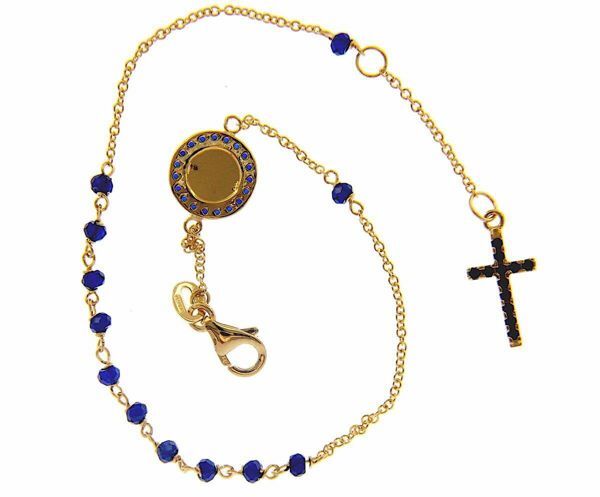Picture of Rosary Cuff Bracelet with Miraculous Medal of Our Lady of Graces Cross Light Spots and Sapphire gr 2,8 Yellow Gold 18k with blue Zircons Unisex Woman Man Boy Girl  