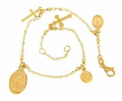 Imagen de Brazalete Pulsera Rosario Con 3 Medallas 2 Cruces gr 5 Oro amarillo 18kt con Esferas diamantadas para Mujer y para Niña y Niño  