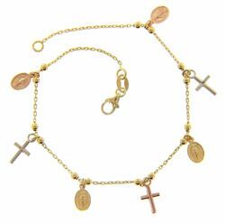 Picture of Rosary Cuff Bracelet with 4 Miraculous Virgin Mary Medals and 3 Crosses gr 3 Tricolor yellow white rose Gold 18k for Woman 