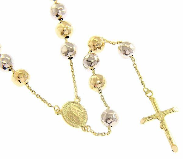 Immagine di Collana Rosario lunga con Medaglia Madonna Miracolosa e Croce gr 33 Bicolore Oro giallo e bianco 18kt con Sfere diamantate da Donna 