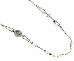 Picture of Rosary crew-neck Necklace with Miraculous Medal of Our Lady of Graces and Cross and through Chain gr 4,8 White Gold 18k with Pearls for Woman 