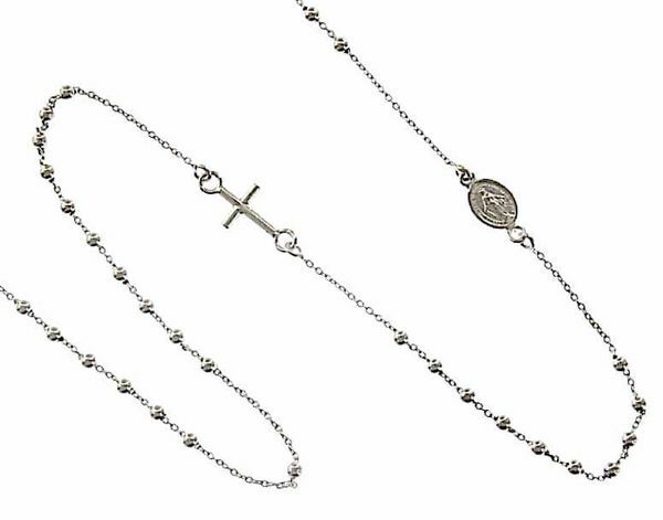 Immagine di Collana Girocollo Rosario con Medaglia Madonna Miracolosa e Croce gr 2,0 Oro bianco 18kt con Sfere lisce Unisex Donna Uomo 