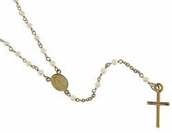 Picture of Long Rosary crew-neck Necklace with Miraculous Medal of Our Lady of Graces and Cross gr 6 Yellow Gold 18k with Pearls for Woman 