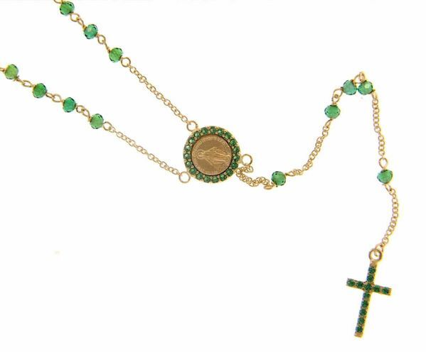 Picture of Long Rosary Necklace with Miraculous Medal of Our Lady of Graces Cross Light Spots and Emerald gr 5 Yellow Gold 18k green Zircons for Woman, Boy and Girl 