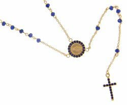 Picture of Long Rosary Necklace with Miraculous Medal of Our Lady of Graces Cross Light Spots and Sapphire gr 5 Yellow Gold 18k blue ZirconsUnisex Woman Man Boy Girl 