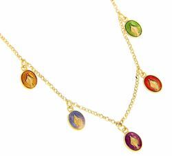 Picture of Rosary crew-neck Necklace with 5 Miraculous Virgin Mary Medals gr 5 Yellow Gold 18k with colored Enamels for Woman, Boy and Girl 