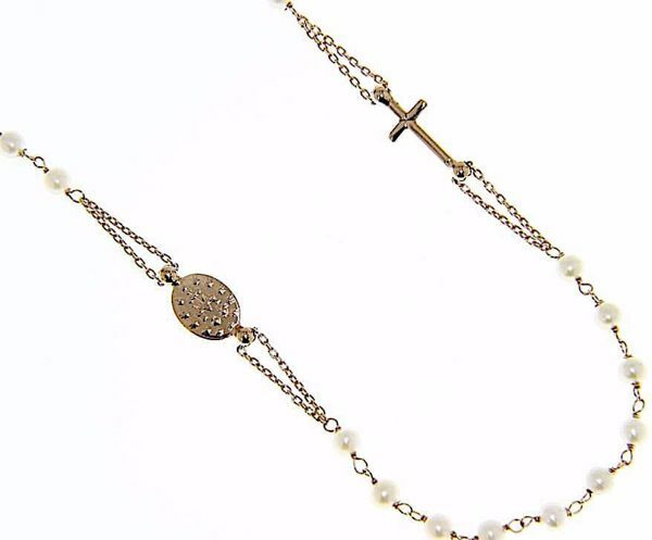Immagine di Collana Girocollo Rosario con Medaglia Madonna Miracolosa e Croce catena passante gr 4,6 Oro rosa 18kt con Perle da Donna 