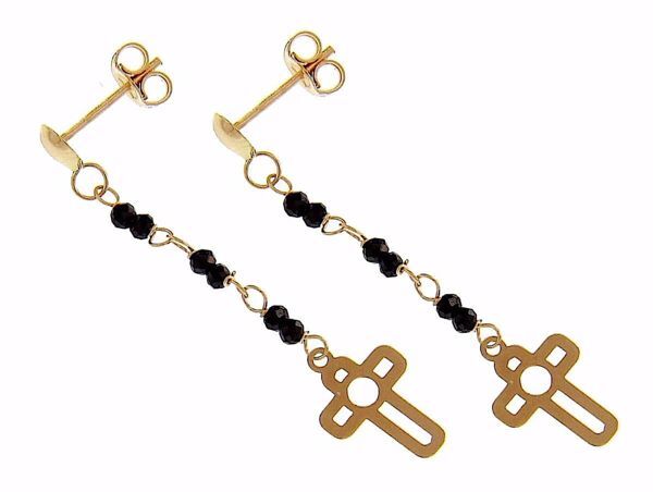 Picture of  Pendant Lobe Earrings with large perforated Cross gr 0,95 Yellow Gold 18k with black Zircons for Woman 