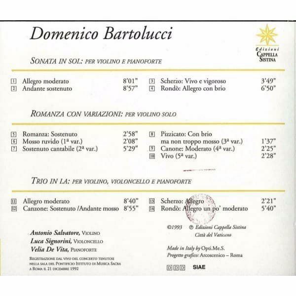 Immagine di Domenico Bartolucci. Sonata in Sol per violino e pianoforte; romanza con variazioni per violino solo; Trio in La per violino, violoncello e pianoforte CD Domenico Bartolucci