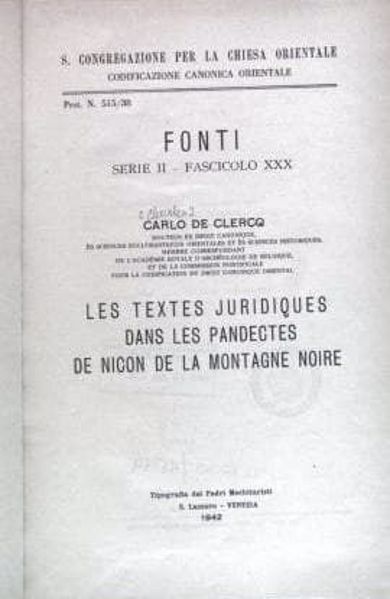 Picture of Les textes juridiques dans les Pandectes de Nicon de la Montaigne Noire Carlo De Clerq Pontificia Commissio ad Redigendum Codicem Iuris Canonici Orientalis