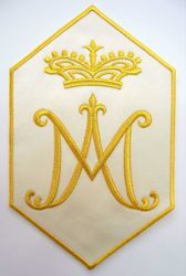 Picture of Hexagonal Embroidered Iron on Applique Patch Marian Symbol M cm 19,2x31,3 (7,6x12,3 inch) on Satin Ivory Chorus Emblem for liturgical Vestments