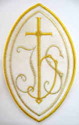 Picture of Oval Embroidered Iron on Applique Patch IHS Cross cm 11,8x19,4 (4,6x7,6 inch) on Satin Ivory Red Green Purple Chorus Emblem Decoration for liturgical Vestments