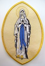 Picture of Oval Embroidered Iron on Applique Patch Marian Madonna cm 15x21 (5,9x8,3 inch) on Satin Ivory Chorus Emblem Decoration for liturgical Vestments