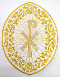 Picture of Oval Embroidered Iron on Applique Patch Pax cm 26,4x33,9 (10,4x13,3 inch) on Satin Ivory Red Green Purple Chorus Emblem Decoration for liturgical Vestments