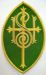 Immagine di Applicazione Ricamata Chorus Ovale piccola IHS Croce oro cm 14x23 su Tessuto di Raso - Bianco Rosso Verde Viola