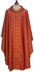 Picture of Gothic Chasuble in Laminated Wool Round Collar Cross-stitch Embroidery Orphrey and Neck in Silk Ivory Red Green Purple Chorus