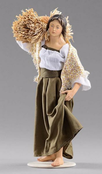 Immagine di Donna con paglia cm 12 (4,7 inch) Presepe vestito Hannah Alpin statua in legno Val Gardena abiti in tessuto