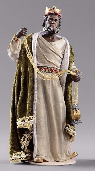 Imagen de Baltasar Rey Mago Negro  cm 12 (4,7 inch) Pesebre vestido Hannah Alpin estatua en madera Val Gardena trajes de tela