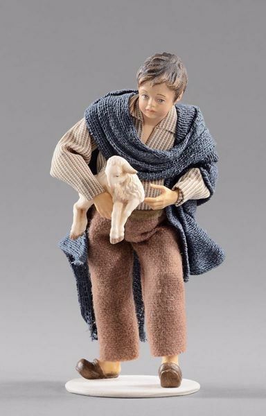 Immagine di Bambino con agnello cm 14 (5,5 inch) Presepe vestito Hannah Alpin statua in legno Val Gardena abiti in tessuto