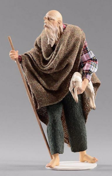 Immagine di Pastore anziano con agnello cm 14 (5,5 inch) Presepe vestito Hannah Alpin statua in legno Val Gardena abiti in tessuto