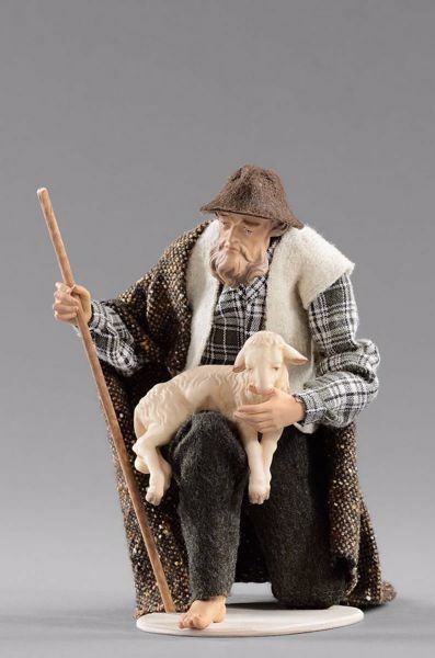 Picture of Kneeling Shepherd with lamb cm 14 (5,5 inch) Hannah Alpin dressed nativity scene Val Gardena wood statue fabric dresses