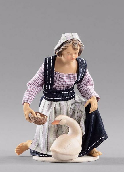 Picture of Kneeling Girl with goose cm 40 (15,7 inch) Hannah Alpin dressed nativity scene Val Gardena wood statue fabric dresses