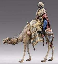 Imagen de Baltasar Rey Mago Negro en Camello cm 30 (11,8 inch) Pesebre vestido Immanuel estilo oriental estatua en madera Val Gardena trajes de tela