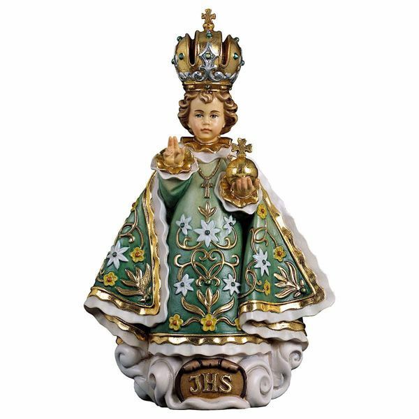 Immagine di Gesù Bambino di Praga Verde cm 7 (2,8 inch) Statua dipinta ad olio in legno Val Gardena